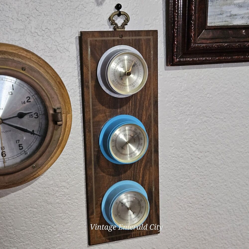 Vtg Wall Weather Station Wood Panel Barometer Thermometer Hygrometer In/outdoor